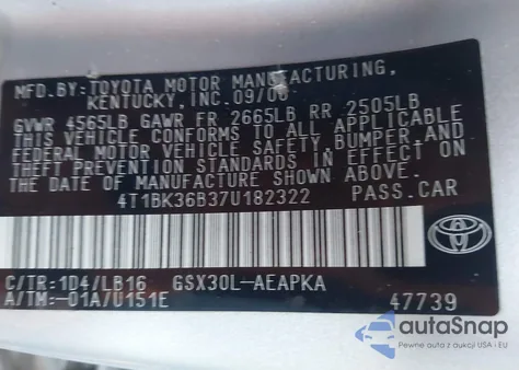 2007 Toyota Avalon Limited z USA, uszkodzony, nr VIN 4T1BK36B37U182322